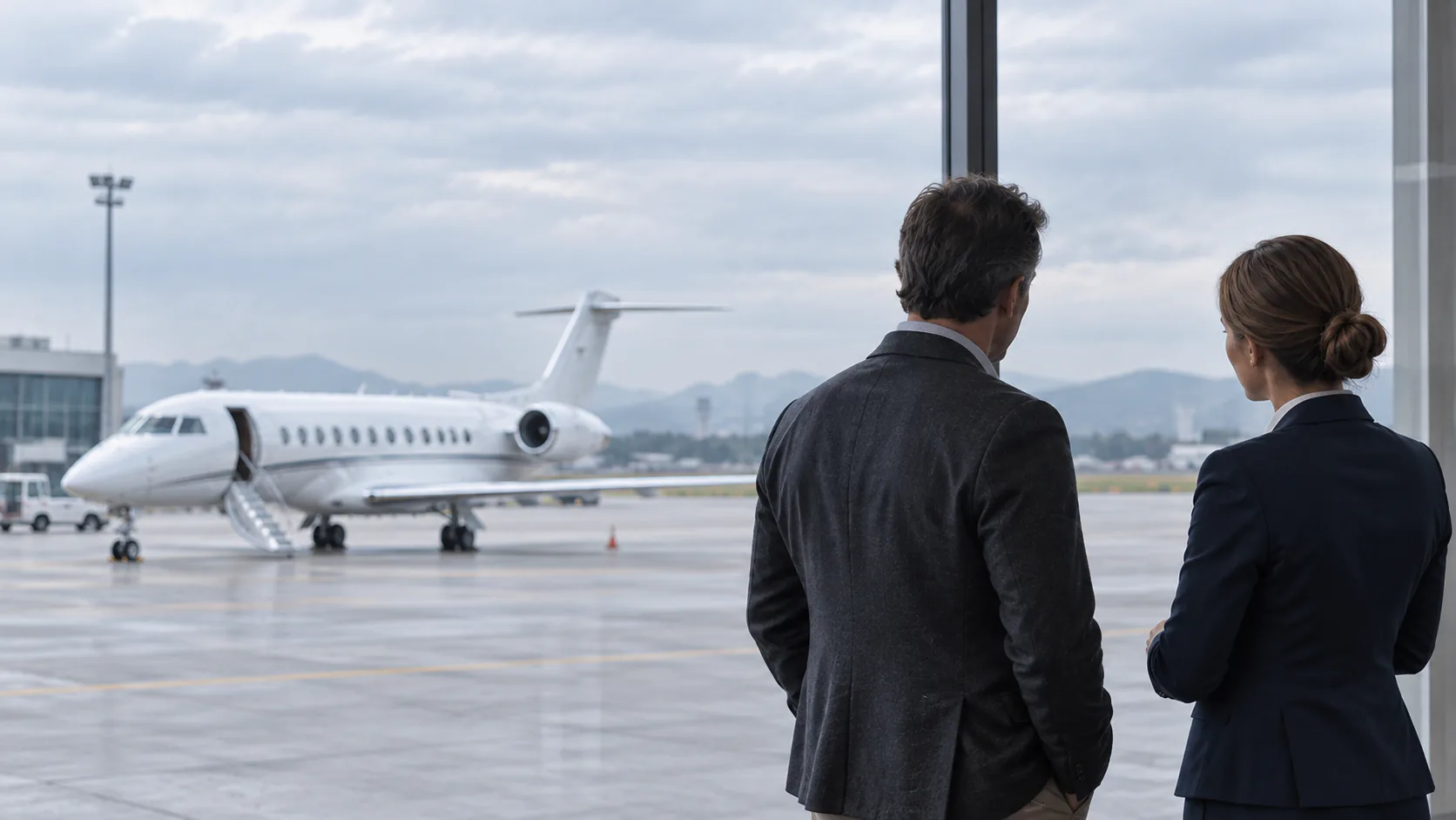 Business aviation specialists reviewing a private jet before departure