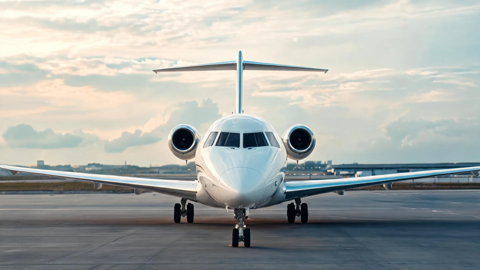 Business jet positioned on the runway for a private charter flight