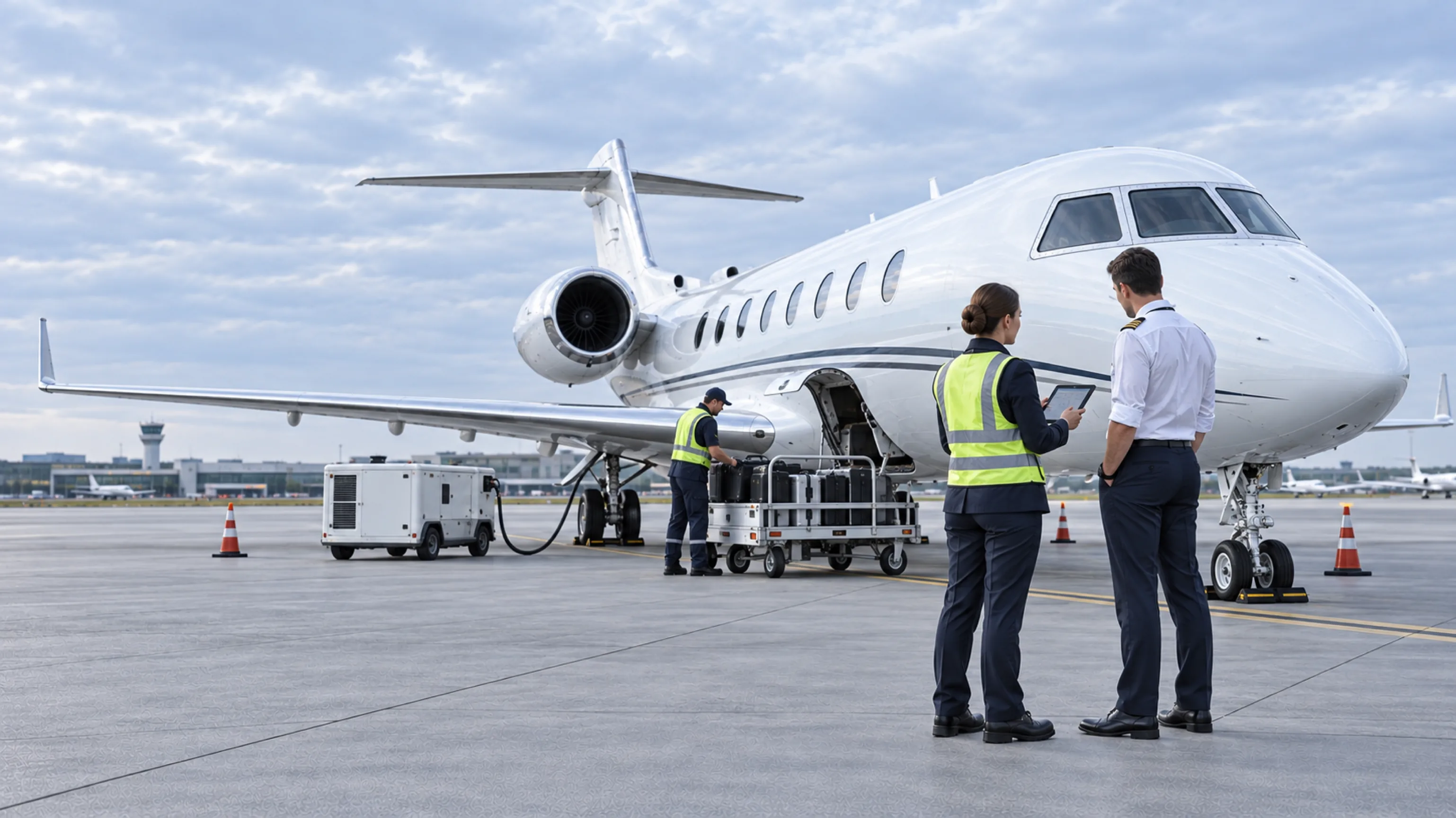 Ground operations team coordinating support beside a private aircraft